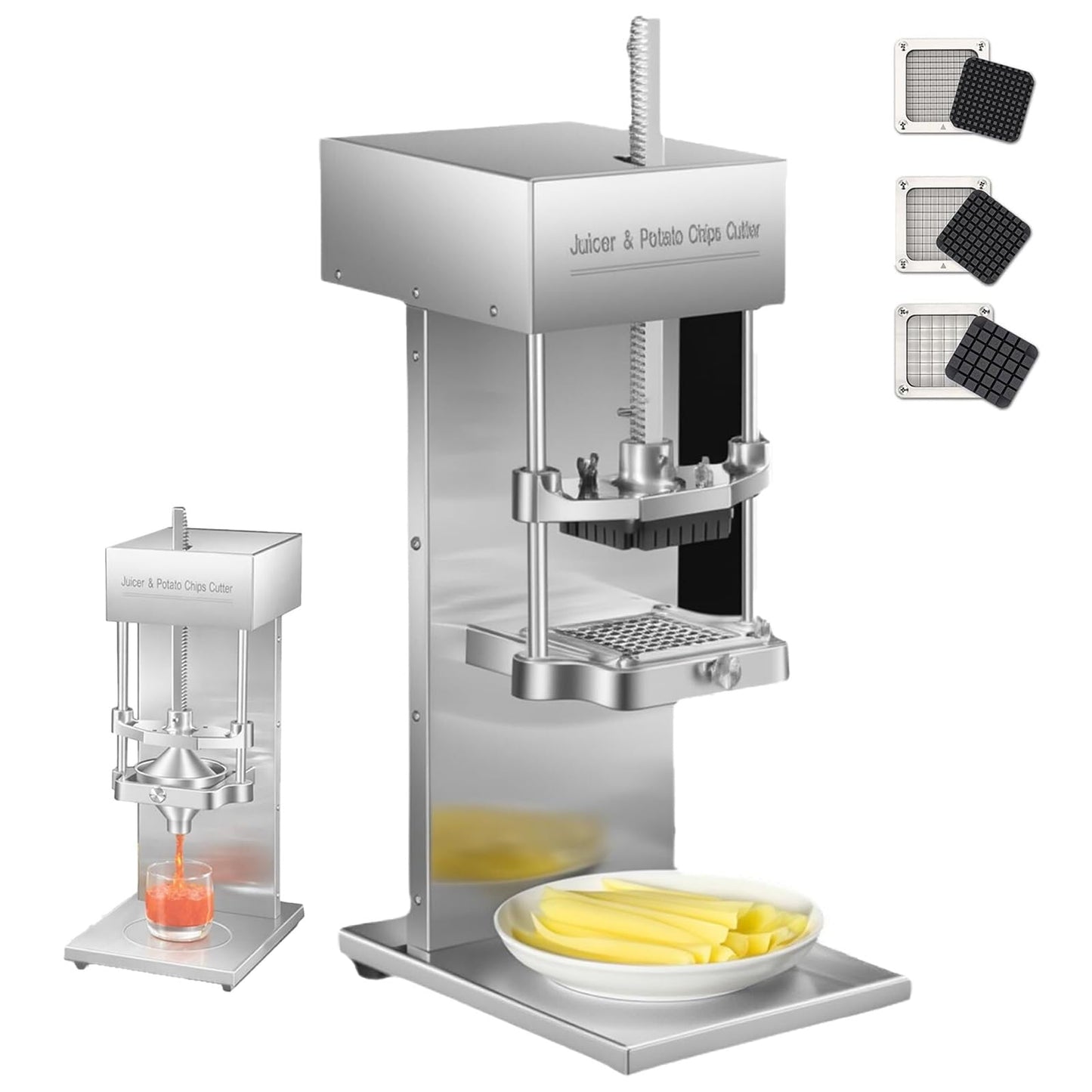 Juicer & Potato Chips Cutter, Electric Fry Cutter and Juice Extractor Machine, 7/9/13mm Blades, 304 Stainless Steel, Dual Power Supply Mode, for Potato, Carrot Strips, Orange Lemon