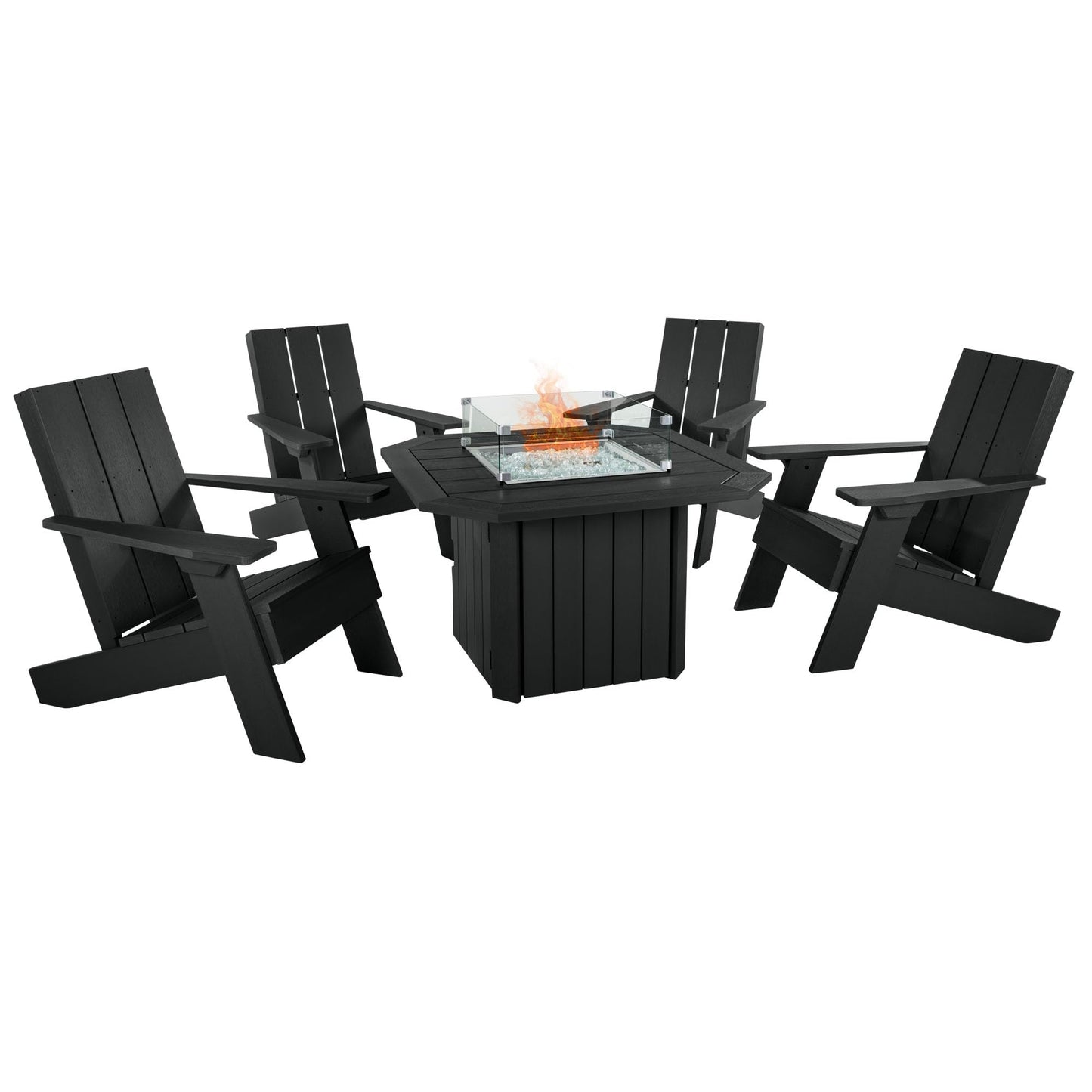 Oasis 5-Piece Conversation Set with Fire Pit Table, 4 Italica Modern Adirondack Chairs and 40” Fire Pit Table with Glass Wind Guard and Rain Cover, Black