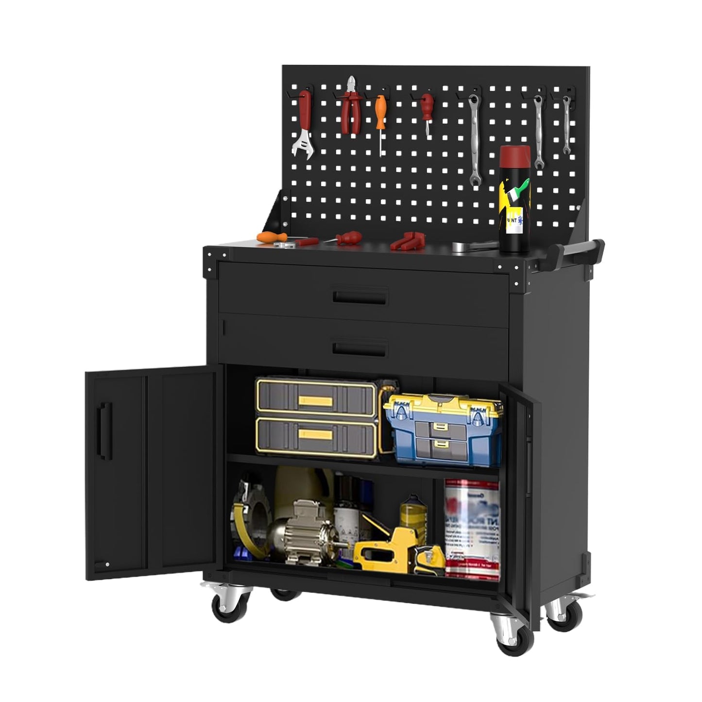 GarveeLife Mobile Tool Chest Cabinet with 2 Drawers and Pegboard, Rolling Metal Garage Workbench with Adjustable Shelf, Storage Cabinet on Wheels for Workshop Warehouse