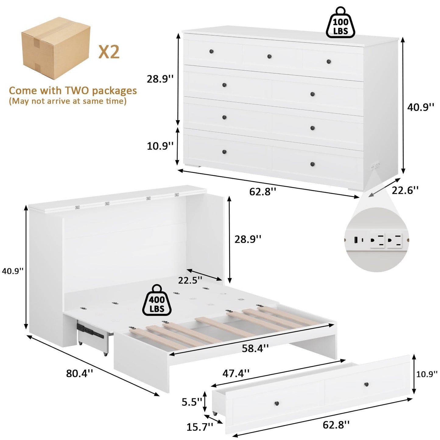 LIVAUVEAD Queen Murphy Bed with Storage & Charging Station, Murphy Cabinet with Foldable Panel, Noisy Free, for Guest Bedroom, Living Room, Office, Distressed White