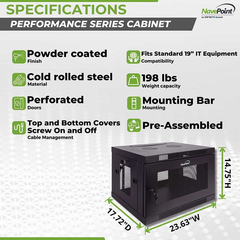 NavePoint 9U Server Cabinet Wall Mount Rack Enclosure with Perforated Door, Locking, Removable Side Panels – 9U Network Cabinet 23.6” Wide, 19 Inch Server Rack for IT and A/V Equipment