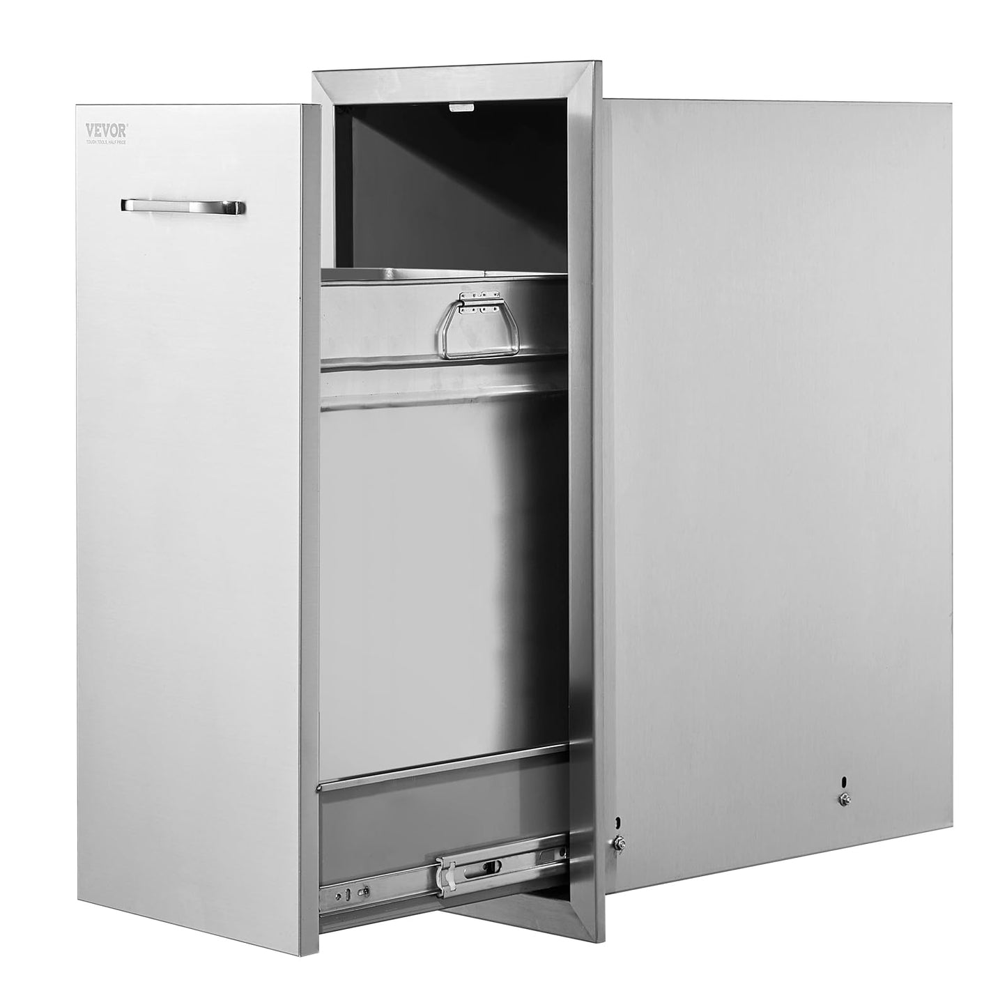 VEVOR Pull-Out Trash Drawer 13.4"W x 25.7"H x 19.6"D Lower Sliding Rails Steel Roll-Out Trash Bin Pull-Out Tray Outdoor Handled Kitchen Trash Drawer for BBQ Island Grill Station Trash Can NOT Included