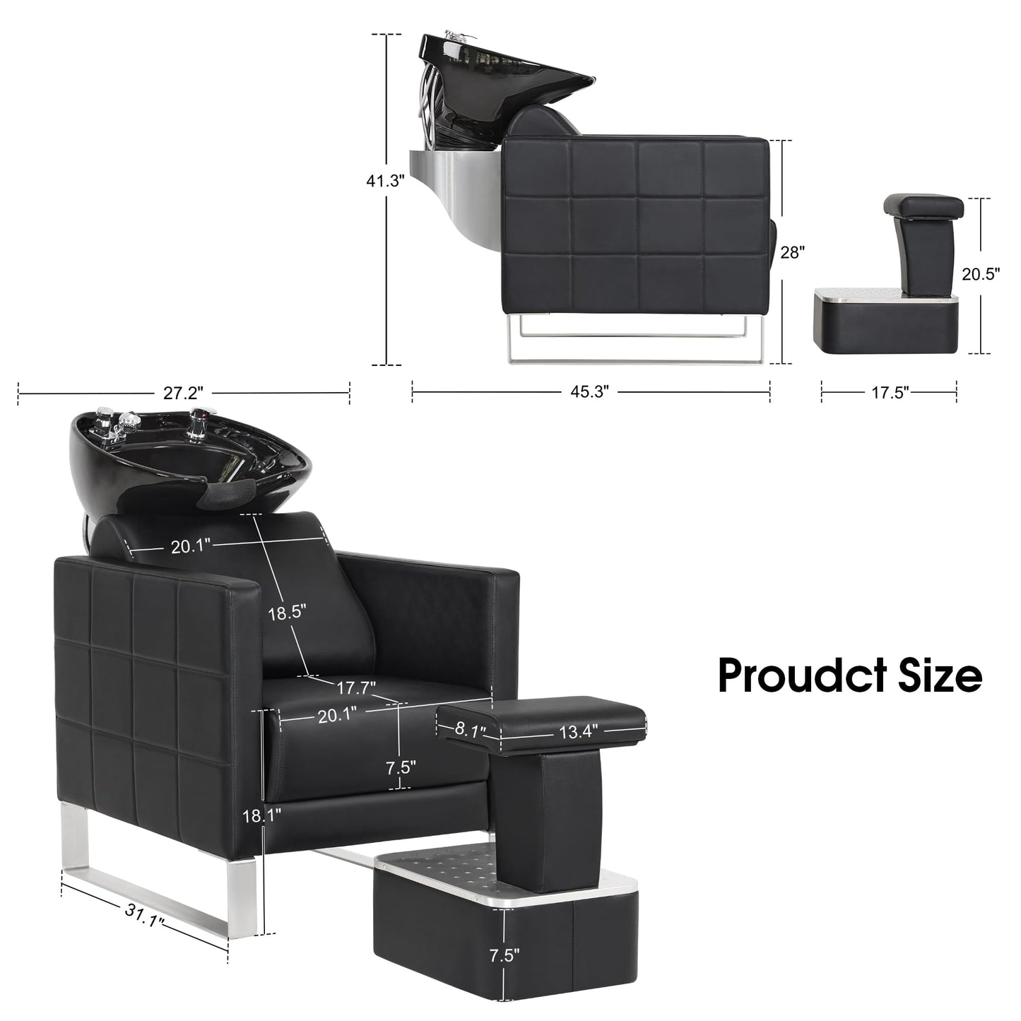 BarberPub Backwash Shampoo Ceramic Bowl and Chair Set for Salon for Hair Stylist, Adjustable Hair Wash Sink Unit Station for Spa Beauty Salon Barbershop 9093 (Black)