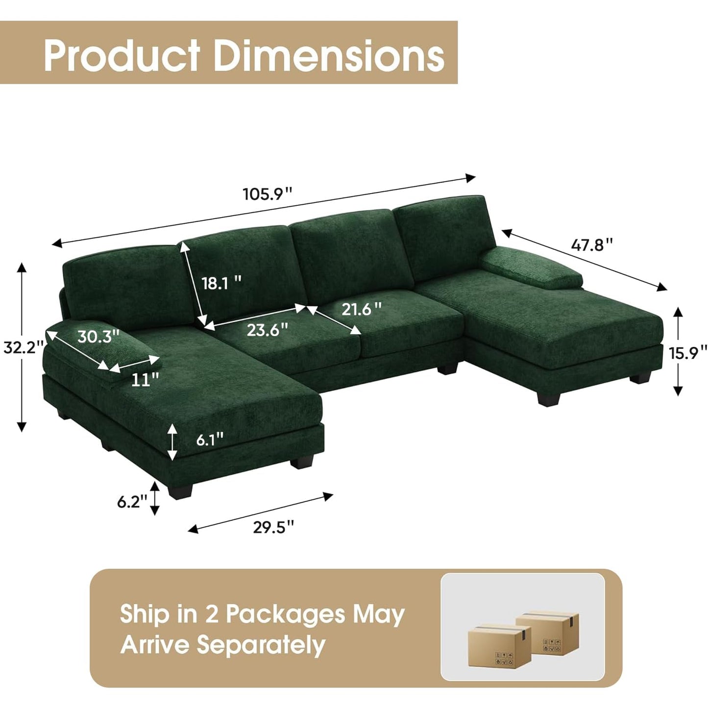 Furniwell Convertible Sectional Sofa Couch, 4 Seat Sofa Set for Living Room U-Shaped Modern Fabric Modular Sofa Sleeper with Double Chaise & Memory Foam (Fabric, Dark Green)
