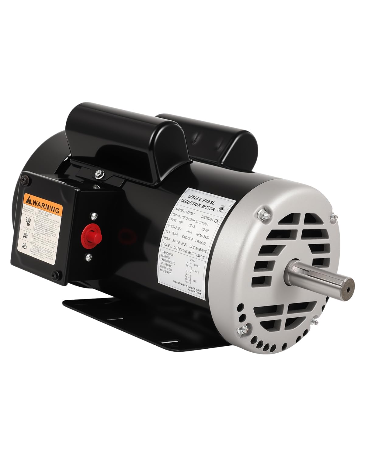 5 HP Air CompressorMotor, 230V Electric Motor 3450 RPM, CCW/CW Single Phase Motor, 56HZ Frame 7/8" Keyed Shaft