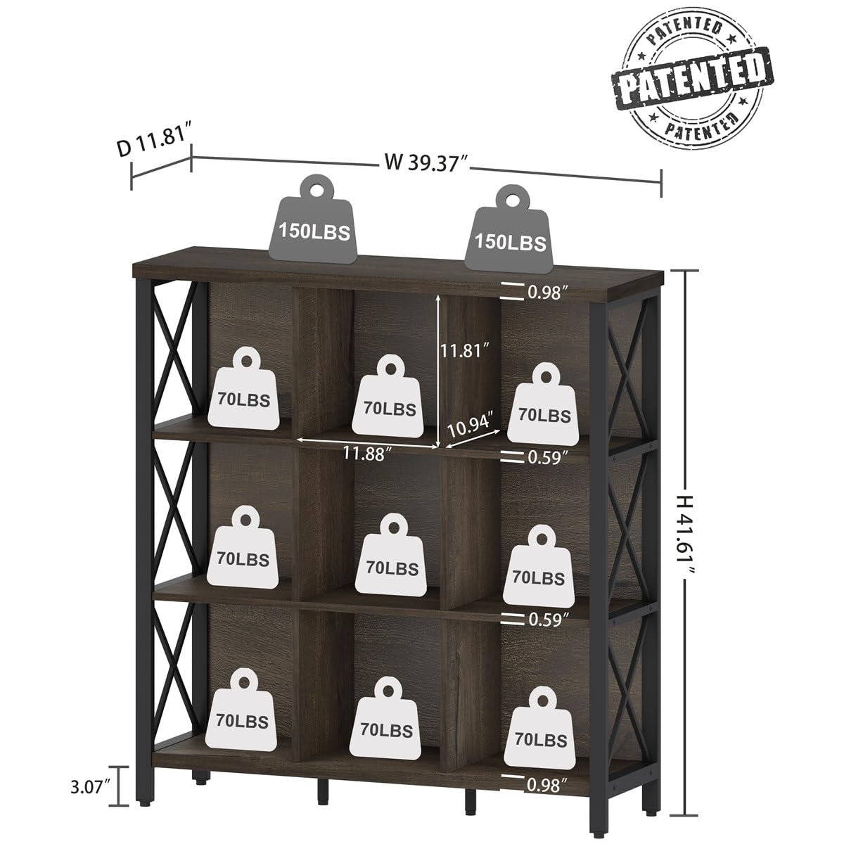 FATORRI 9 Cube Storage Bookshelf, Modern 4 Shelf Book Shelf, Wood and Metal Cubby Bookcase for Home Office (39.38 Inch W, Walnut Brown)