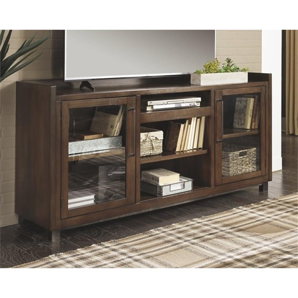 Signature Design by Ashley Starmore Urban TV Stand Fits TVs up to 68", 2 Glass Cabinets and Adjustable Shelves For Storage, Brown