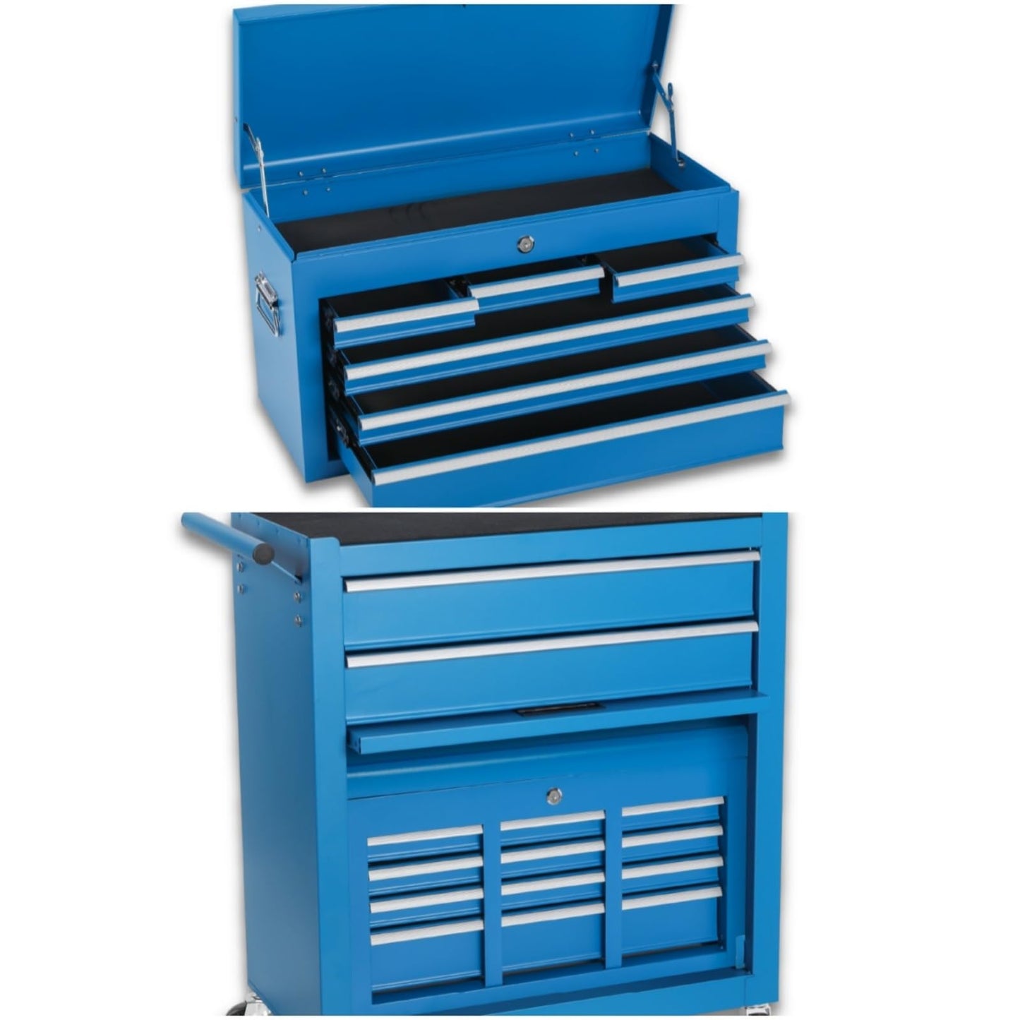 Trygoal Tool Chest, 8-Drawers Rolling Tool Storage Cabinet with 2-in-1 Detachable Tool Box, Liner, Lockable Wheels, Side Hooks, Multifunctional Metal Tool Cart for Garage Workshop, Blue