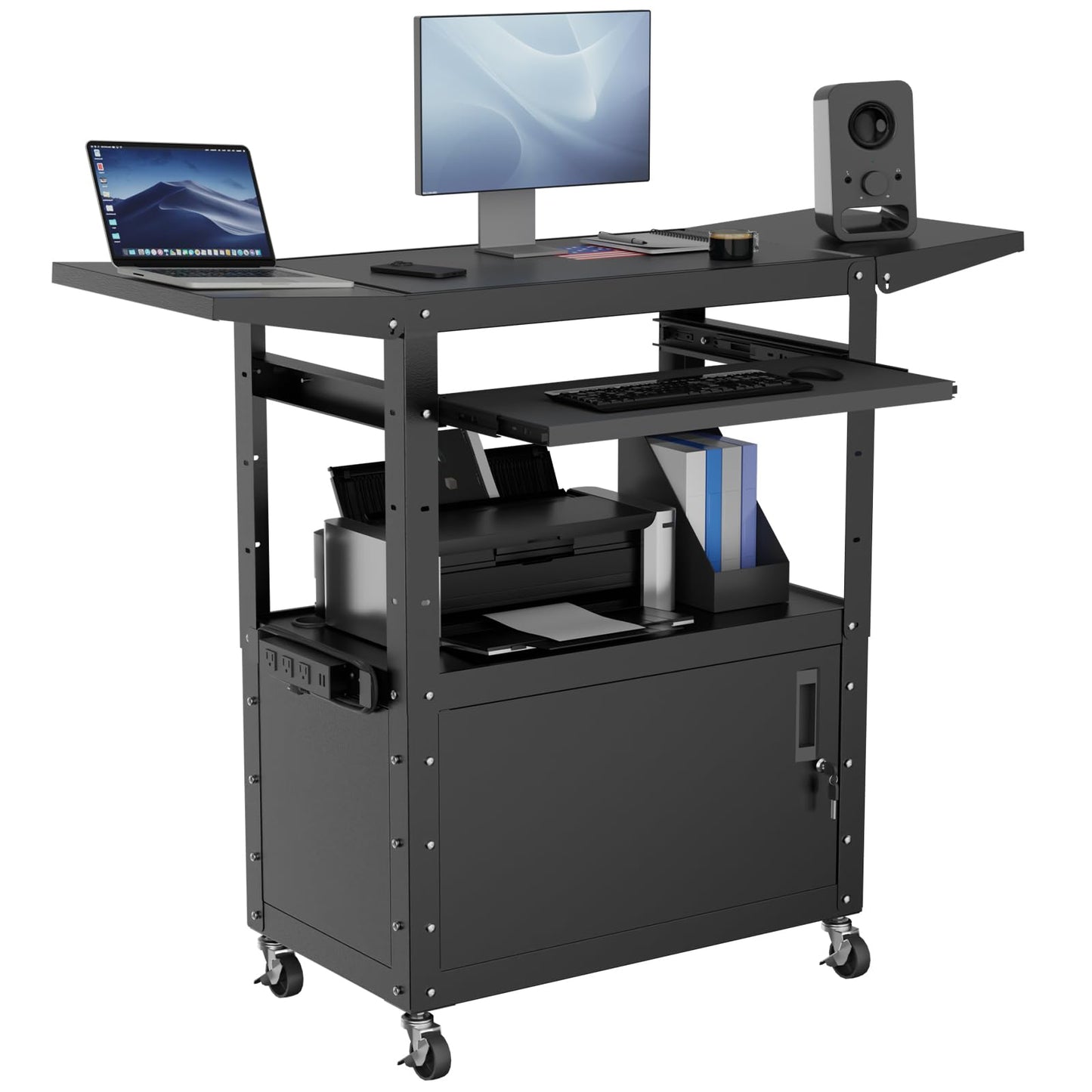 Mobile AV Cart with Drop Leaves & Adjustable Height, Rolling Computer Cart with Pullout Keyboard Tray – Locking Cabinet, 3 Outlets&2 USB Ports, Lock Brake Casters, Utility Cart for Office/Classroom