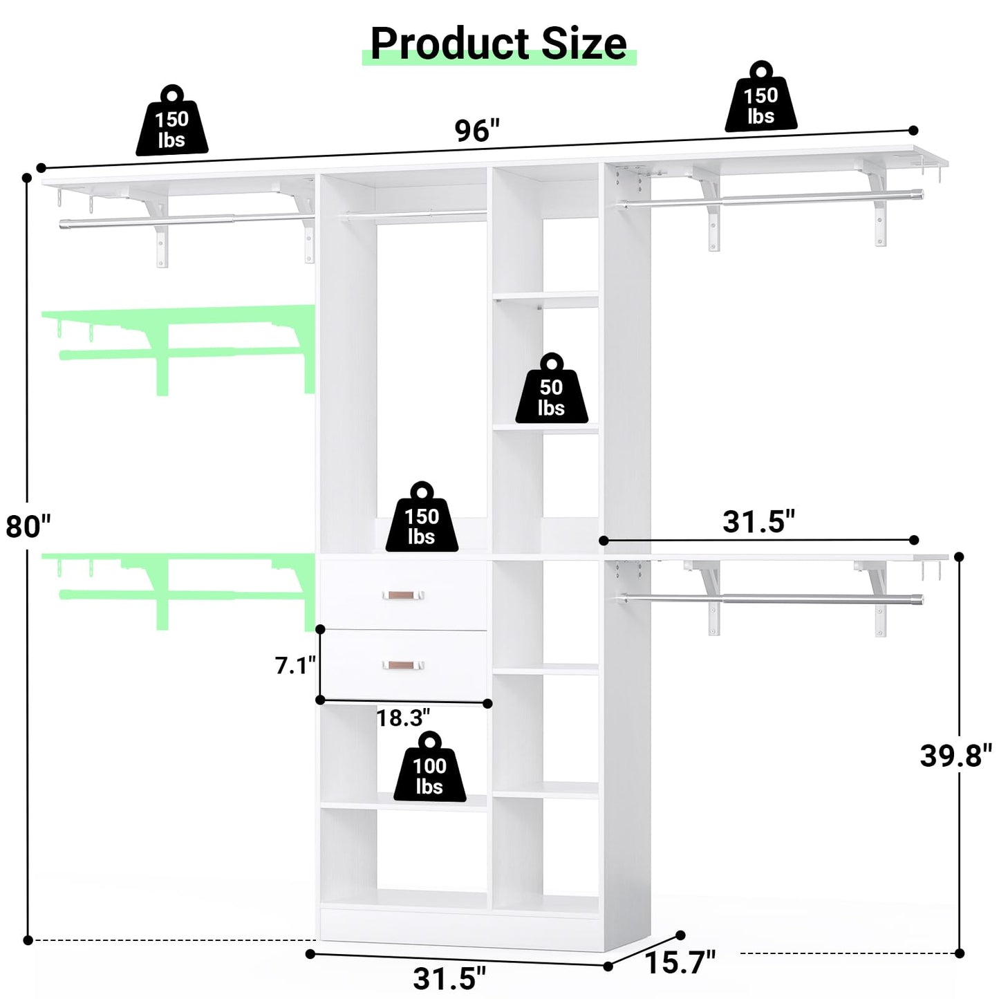 Armocity 8FT Heavy Duty Wood Closet System, 1500 LBS+ Capacity Wall Mounted Walk-in Closet Organizer with 2 Drawers & 4 Hanging Rods, 96'' Custom Bedroom Storage Wardrobe, White