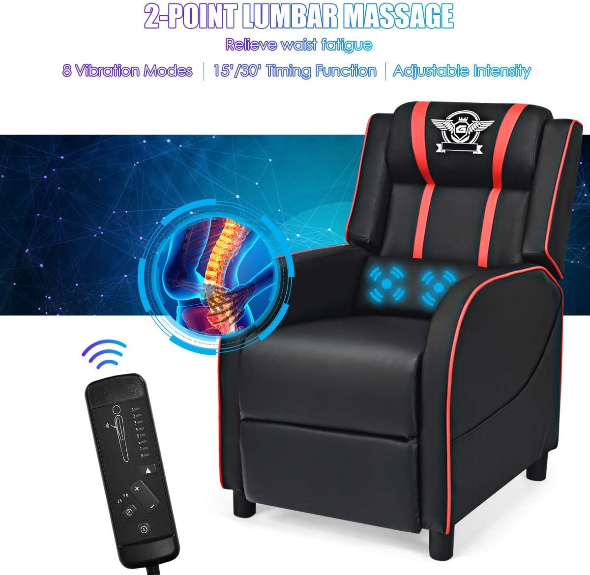 BUSHLY Adjustable Gaming Recliner Chair, Racing Style Massage Single Sofa with Headrest & Lumbar Pillow, PU Leather Video Recliner for Home, Movie Theater, Living Room, Game Room (Red)