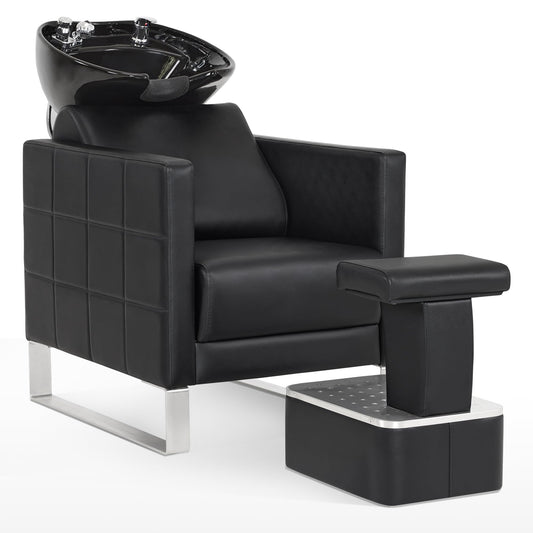 BarberPub Backwash Shampoo Ceramic Bowl and Chair Set for Salon for Hair Stylist, Adjustable Hair Wash Sink Unit Station for Spa Beauty Salon Barbershop 9093 (Black)