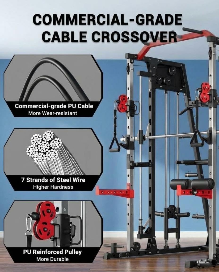 Smith Machine Home Gym, 2200LB Power Cage with Dual Pulley Cable Systems, LAT Pull-Down, Leg Hold-Down & 20+ Attachments for Full Body Workouts, Black