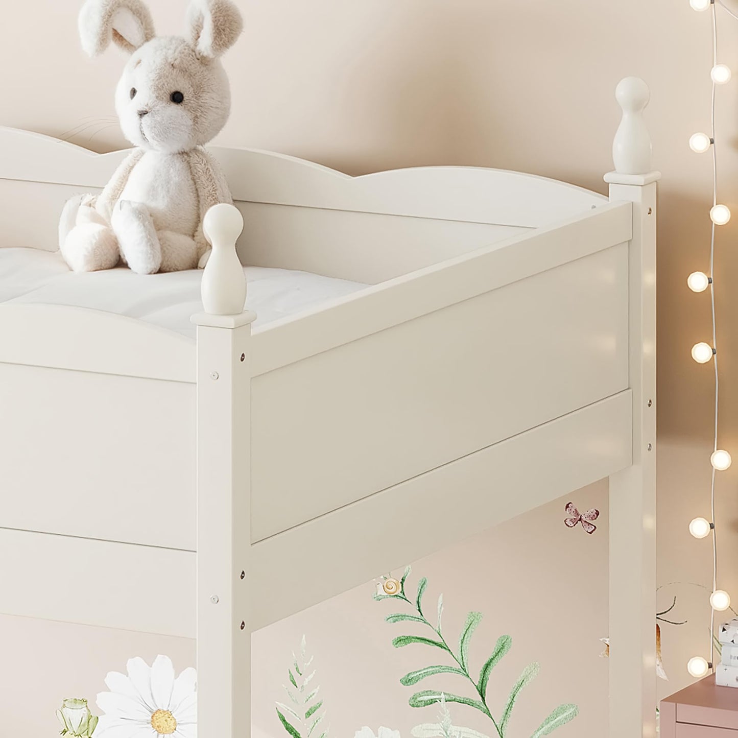 KEIKI Full Size Wood Loft Bed Frame with Built-in Ladder & Ample Under-Bed Space, Modern Loft Bed with Full-Length Guardrails & Solid Slats, No Box Spring Required, Easy Assembly, for Bedroom, Beige