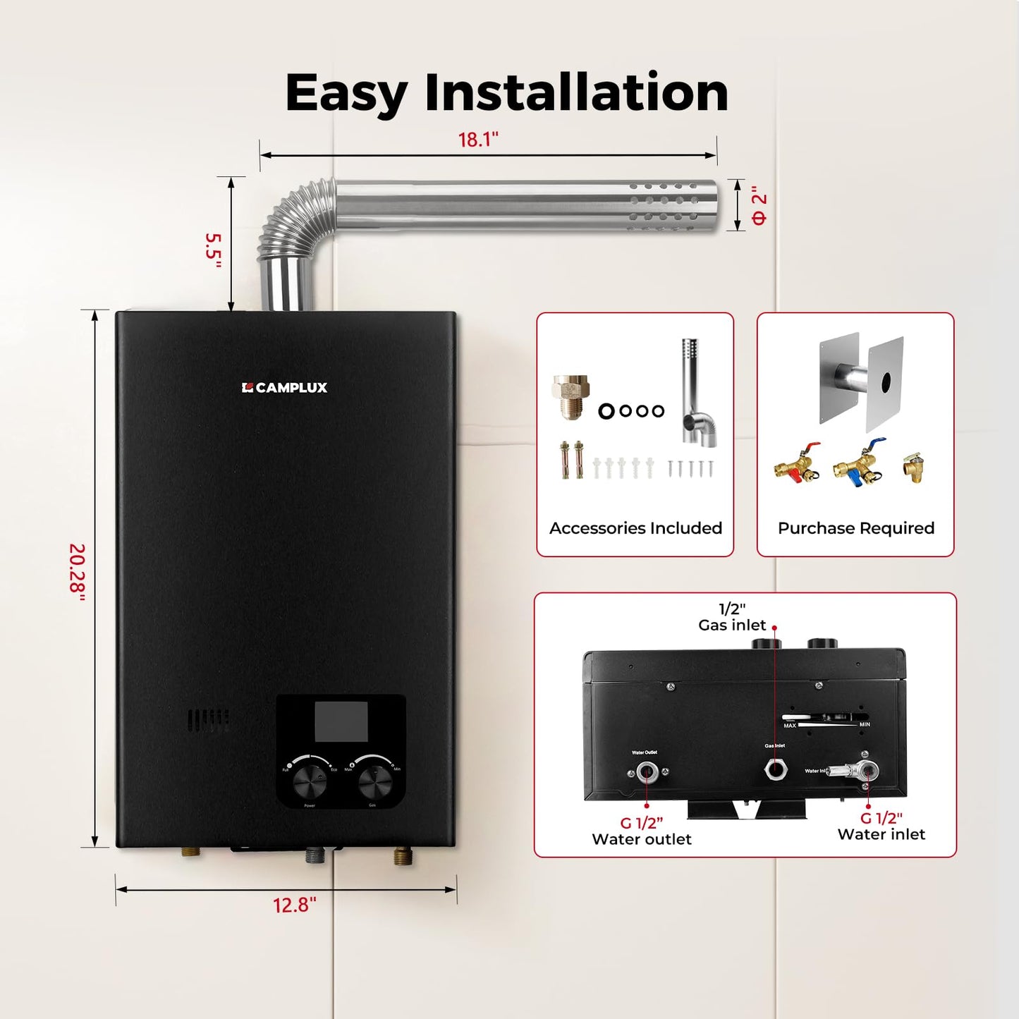 CAMPLUX Gas Tankless Water Heater Indoor, 2.64 GPM, CM264 Propane Tankless Water Heater, 68,000 BTU On Demand Instant Hot Water, Black