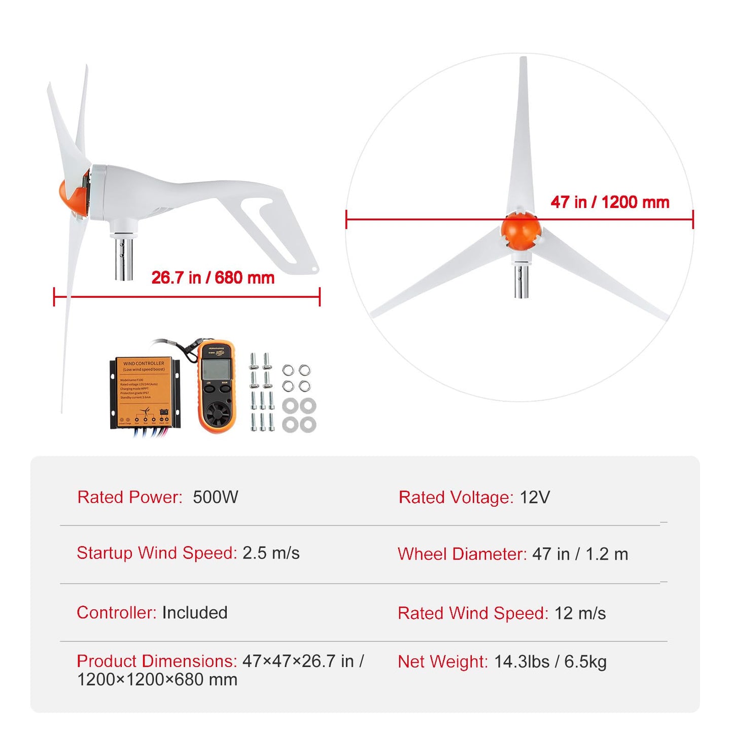 Happybuy 500W Wind Turbine Generator with Anemometer, 12V Wind Power Kit, 3-Blade Wind Generator, MPPT Controller & Adjustable Windward Direction, Ideal for Home, Farm, RVs, Boats