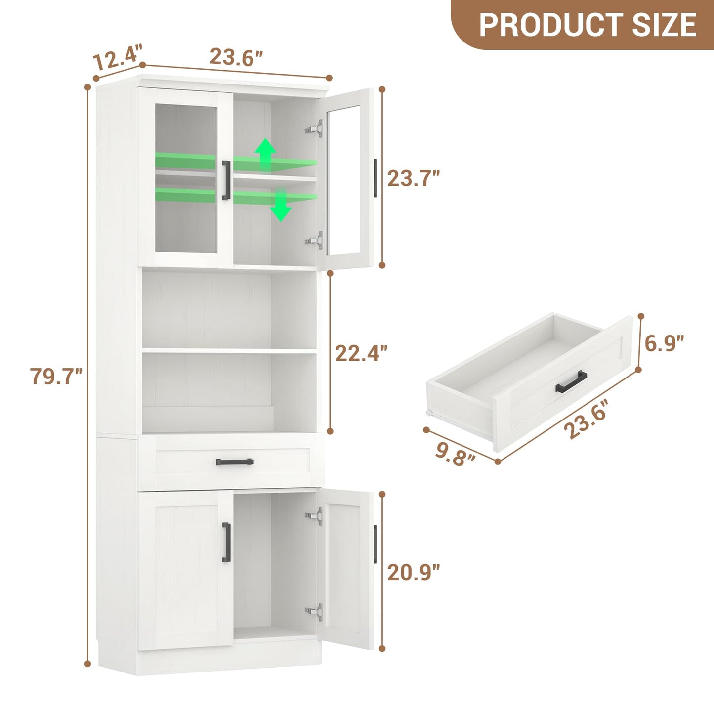 Unikito 79.7" Tall Kitchen Pantry Storage Cabinet, Freestanding Kitchen Hutch Cabinet with Glass Door, Adjustable Shelves and Drawer, Display Bookcase for Living Room, Dining Room, Bathroom, White