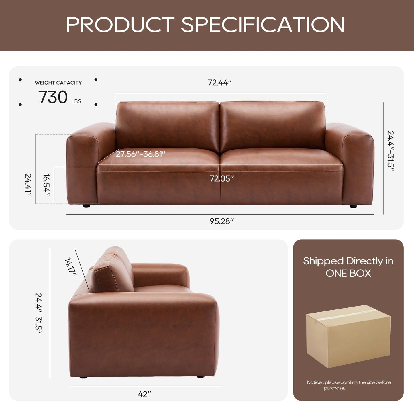 COLAMY 95" Oversized PU Leather Sofa for Living Room, Comfy Sofa Couch with Extra Deep Seats, Wide Arm, Down Filled 3-Seater Modern Sofa for Apartment Lounge-Auburn