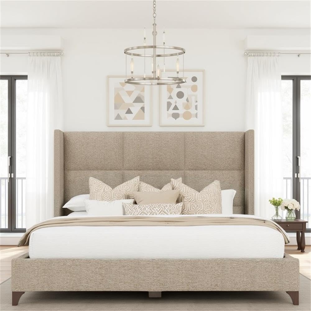 BOWERY HILL Modern Upholstered King Bed, Solid Wood Frame, Tan Performance Fabric, Square Panel Headboard, 57.5 in Tall, Adjustable Base Compatible, Box Spring Required, Elegant Bedroom Furniture