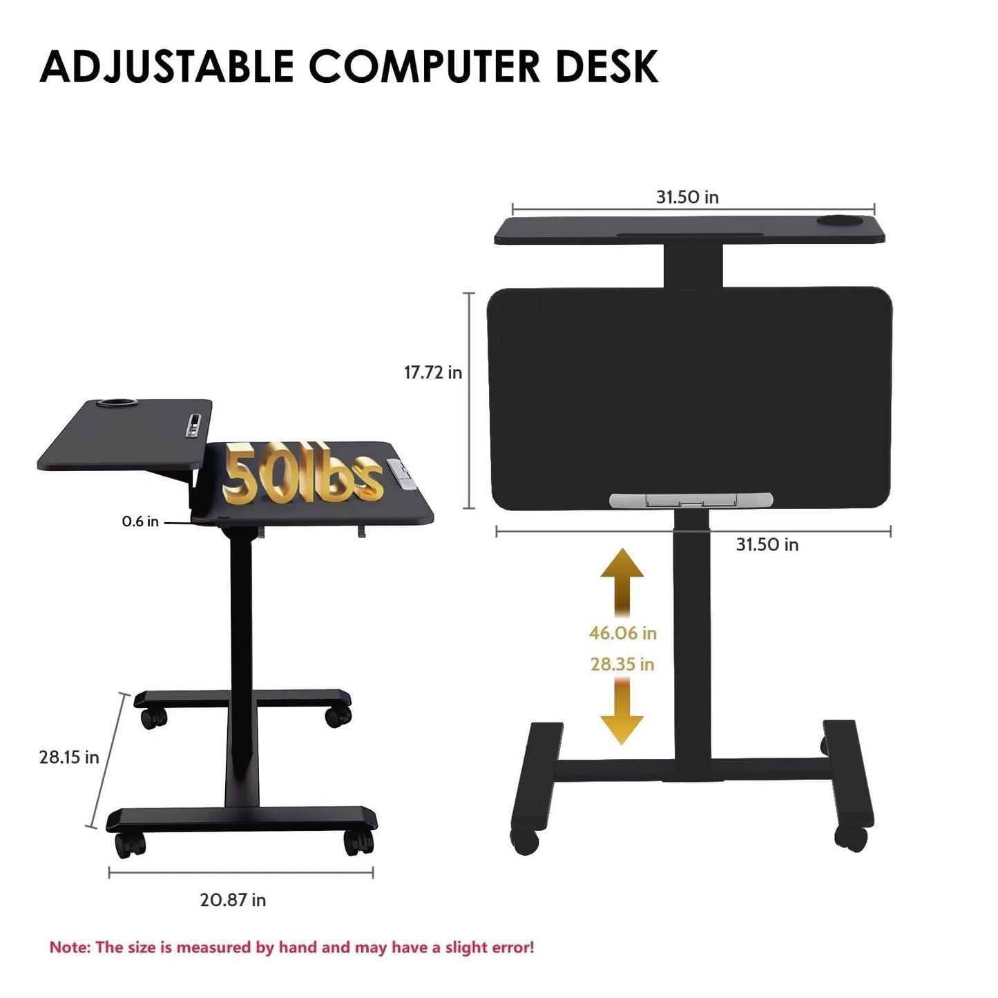 TecbL Pneumatic Standing Desk with Wheels - Adjustable Height 28" - 46" & 0-90° Tilt, 31.5" x 17.7" Skin-Feel Desktop, Rolling Computer Desk for Home Office, Hospital, School (Black)