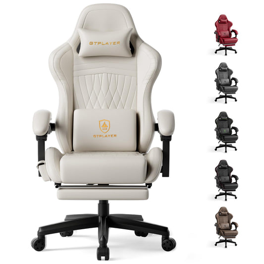 GTPLAYER ACE-PRO Music Gaming Chairs – Built-in Speakers, App Support & Bluetooth Control, Computer Game Chairs with Footrest for Adults, Ergonomic Reclining Silla, Linkage Armrest, Cream