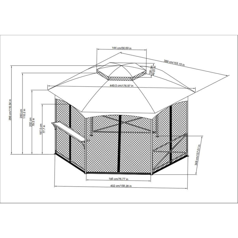 Sunjoy 15x15 ft. Soft Top Gazebo, Hexagon Steel Framed Patio Outdoor Backyard Gazebo with 2-Tier Dome Roof, Netting, Ceiling Hook, and Bar Shelf, Gray