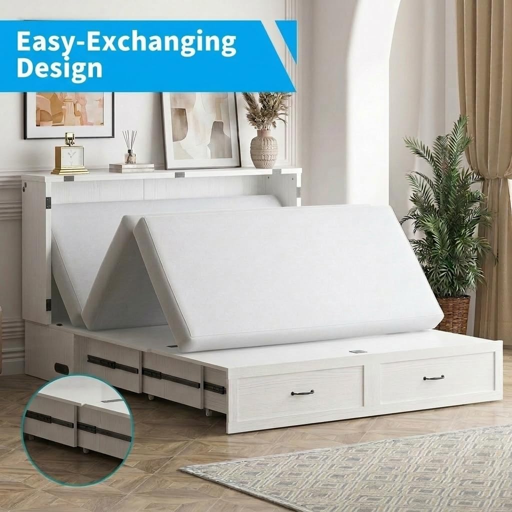 Mjkone Murphy Bed, Cabinet Beds Queen Size with Mattress Included, USB Charging Port, Drawer, Space Saving Queen Murphy Chest Bed, Hidden Cabinet Guest Wall Beds for Bedroom, Apartment, White
