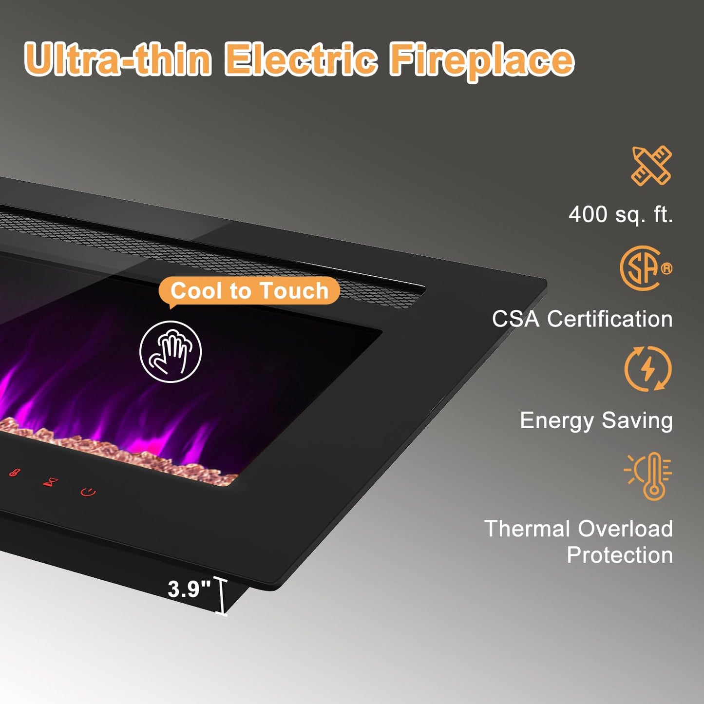 OneBlis Electric Fireplace, 60 inch Wide Recessed/Wall Mounted Electric Fireplace, Remote Control with Timer 12 Adjustable Color Flame, Remote Control, Log Set & Crystal