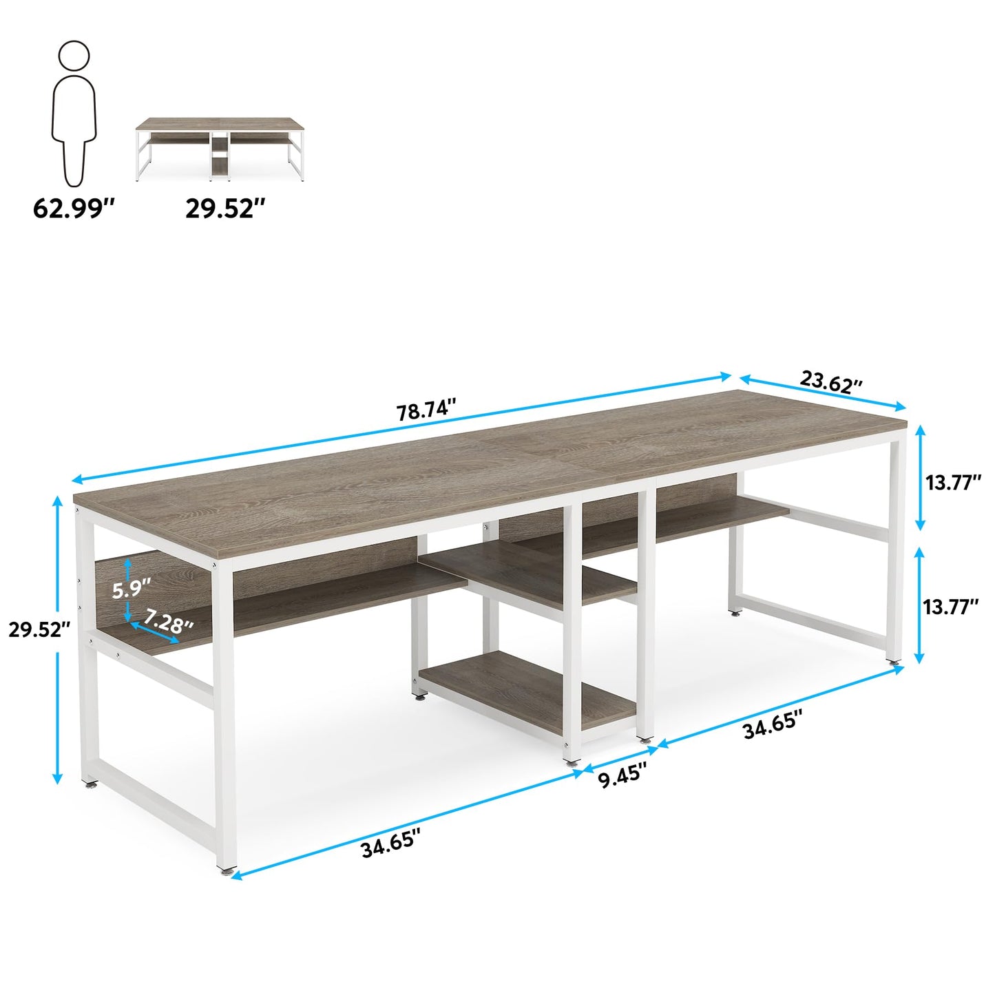 Tribesigns Two Person Desk with Bookshelf, 78.7 Computer Office Double Desk for Two Person, Rustic Writing Desk Workstation with Shelf for Home Office (Gray/White)