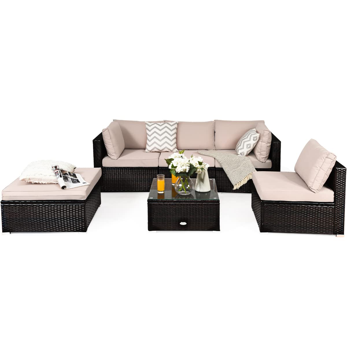 COSTWAY 6-Piece Outdoor Patio Furniture Set, Rattan Sectional Sofa Set with Tempered Glass Coffee Table, Cushions and Ottoman for Garden, Deck, Backyard (Beige)