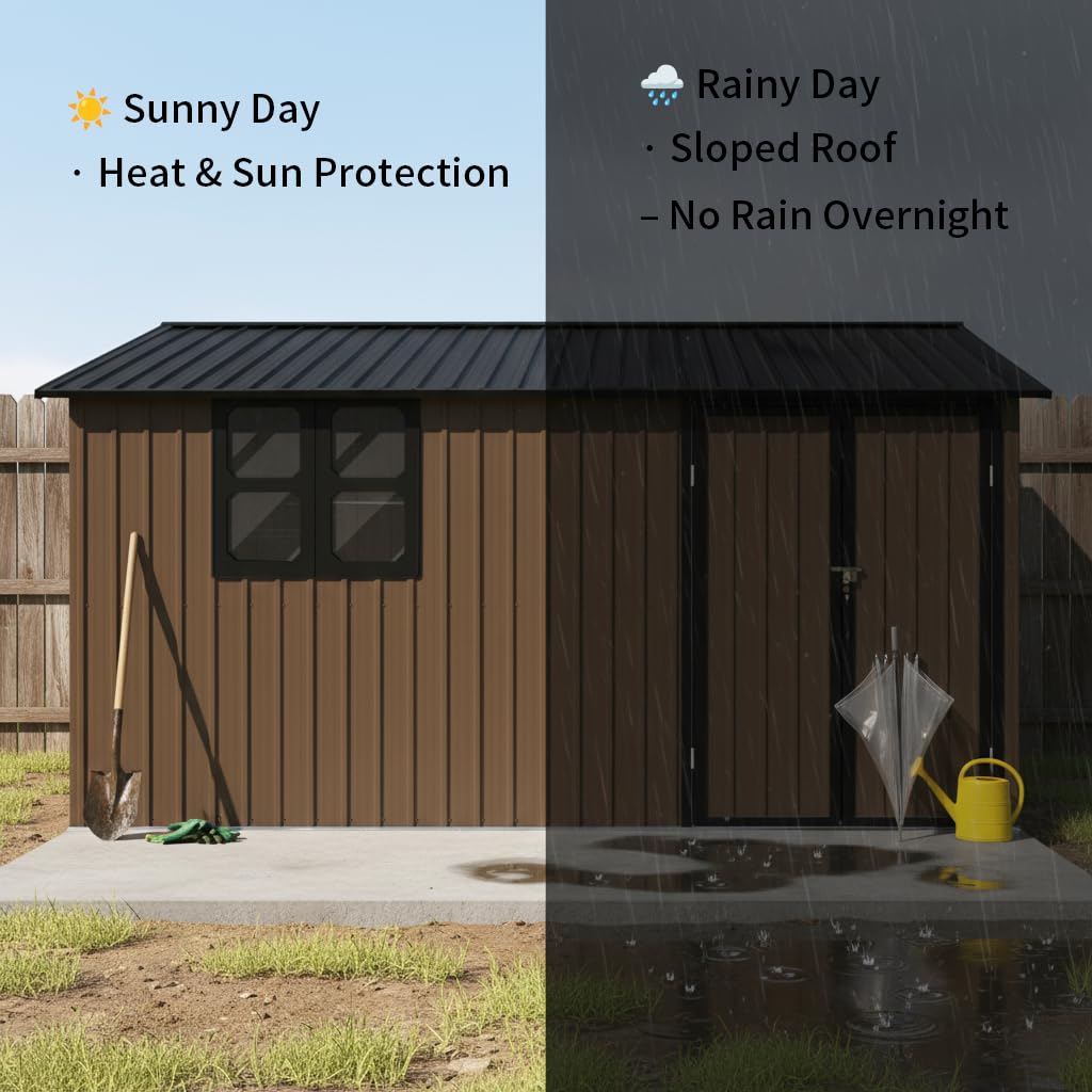 YOPTO 12x10 FT Outdoor Storage Shed,Metal Shed W/Goods Shelves & Window,Garden Tool House W/ 2 Vents & Lamp Hanging Hole & Apex Roof and Lockable Doors,for Backyard Patio Lawn,Brown