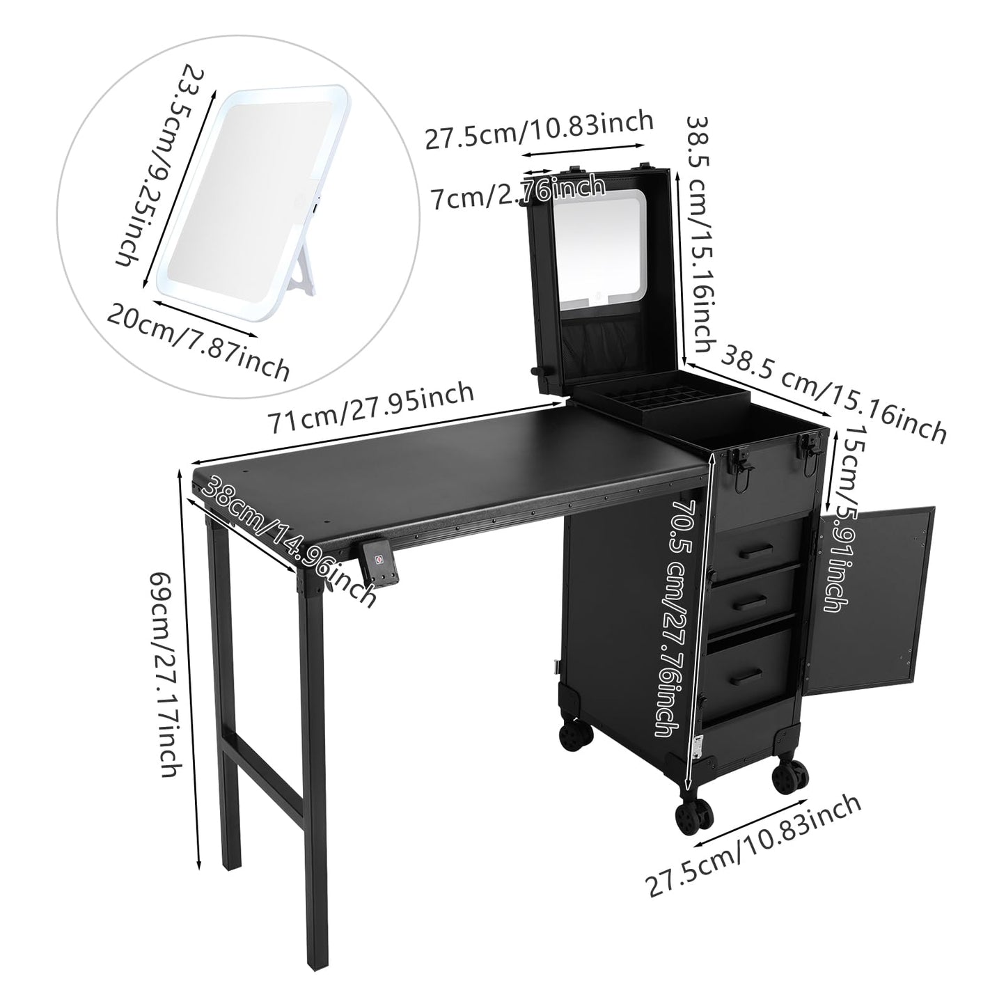 YIYIBYUS Portable Rolling Manicure Table for Nail Teach w/Mirror, Professional Makeup Storage Manicure Dressing Table with Wheels 3 Drawers, Cosmetology Travel Case Workstation Artist