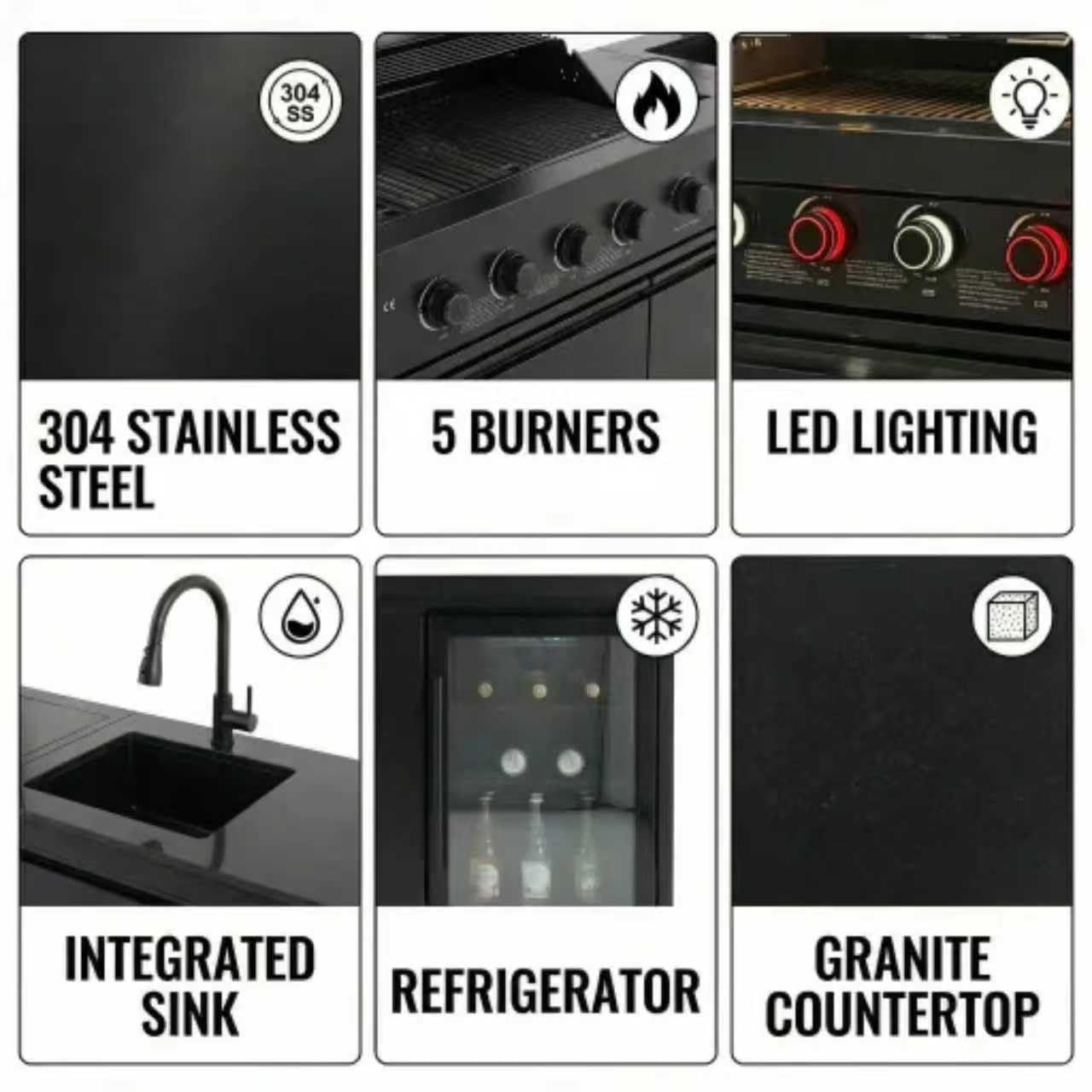GDFStudio 84" Stainless Steel Outdoor Kitchen Bar and BBQ Island Grill with 6-Burner Gas Grill, 75300 BTU, SS304 Integrated Sink, Wine Cooler, Refrigerator, Granite Countertop, Rotisserie, Black