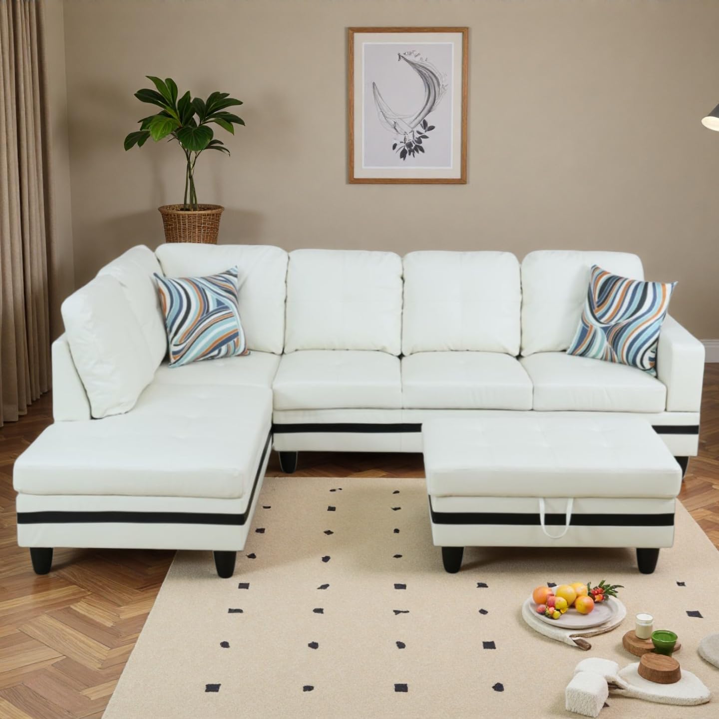 NicBex Sectional Couch 3 Pieces Sofa Set, L-Shaped Modular Couches for Living Room, Furniture Sets with Lounge Chaise & Storage Ottoman, Multi-Scene Use for Apartment & Office, White+Black