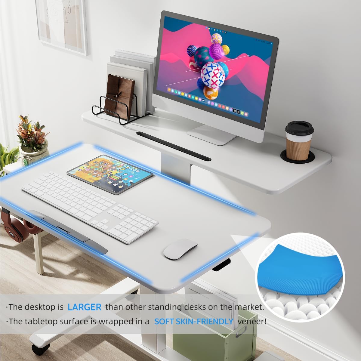 TecbL Pneumatic Standing Desk with Wheels - Adjustable Height 28" - 46" & 0-90° Tilt, 31.5" x 17.7" Skin-Feel Desktop, Rolling Computer Desk for Home Office, Hospital, School (White)