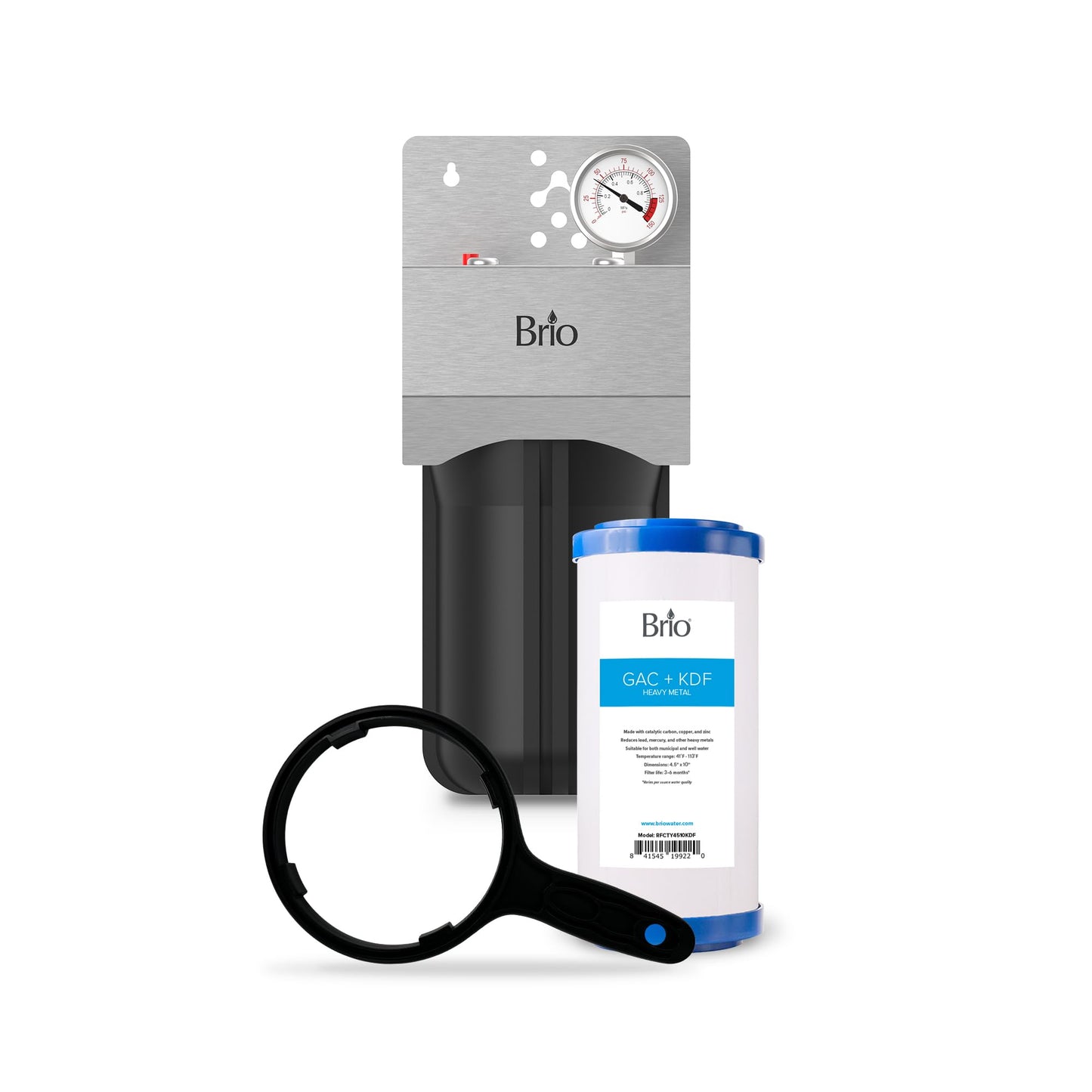 Brio Whole House Water Filter System for Heavy Metal Reduction w/Gauge & Fast-Flow GAC + KDF Filter 4.5" x 10" | Improves Taste & Protects Home Appliances | 720 GPH | 50,000 Gallons or 6 Months