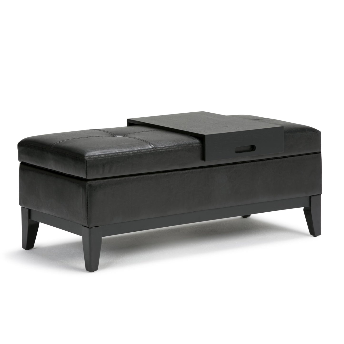SIMPLIHOME Oregon Storage Ottoman Bench with Tray - 42 inch Wide Upholstered Vegan Leather Rectangle Ottoman Bench in Midnight Black, Transitional Tufted Ottoman for Living Room with Lift-Up Lid