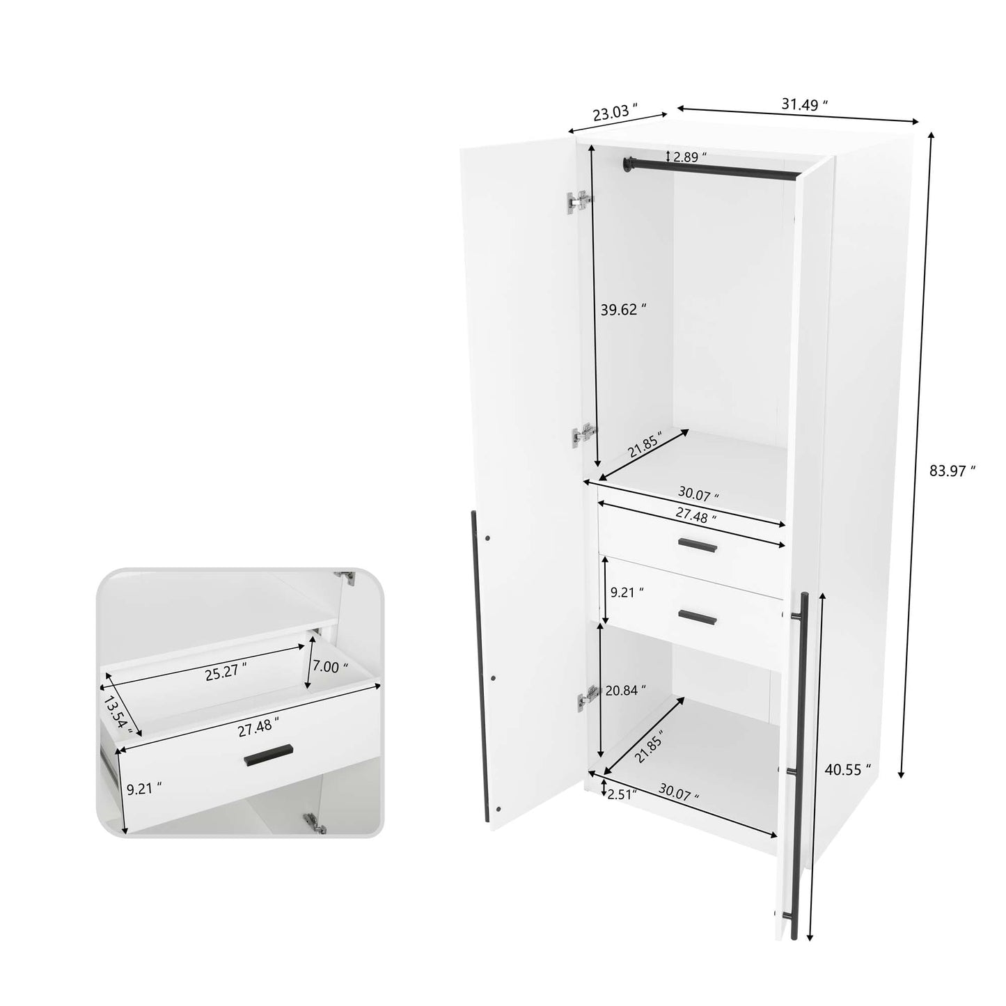 Manhattan Comfort Lee Modern Freestanding Closet 2.0 | Space-Saving Design with 1 Hanging Rod, 1 Shelf & 2 Drawers | Soft Close Hinges | No Tool Assembly Storage Cabinet, White