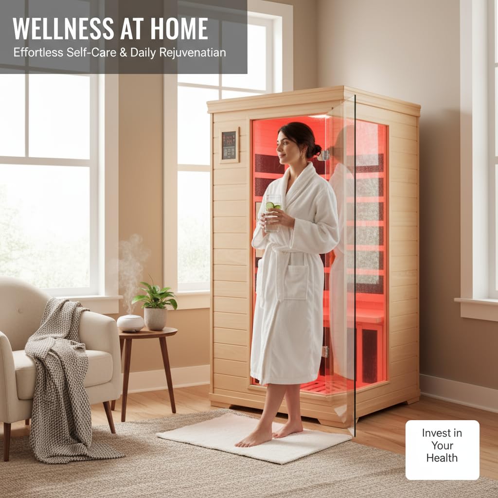 Far Infrared Sauna for 1 Person – 1050W with Bluetooth Speaker, Chromotherapy & Oxygen Ionizer, Indoor Home Sauna with Canadian Hemlock Wood, Relaxation for Home Gym Office – 27”x35”x63”