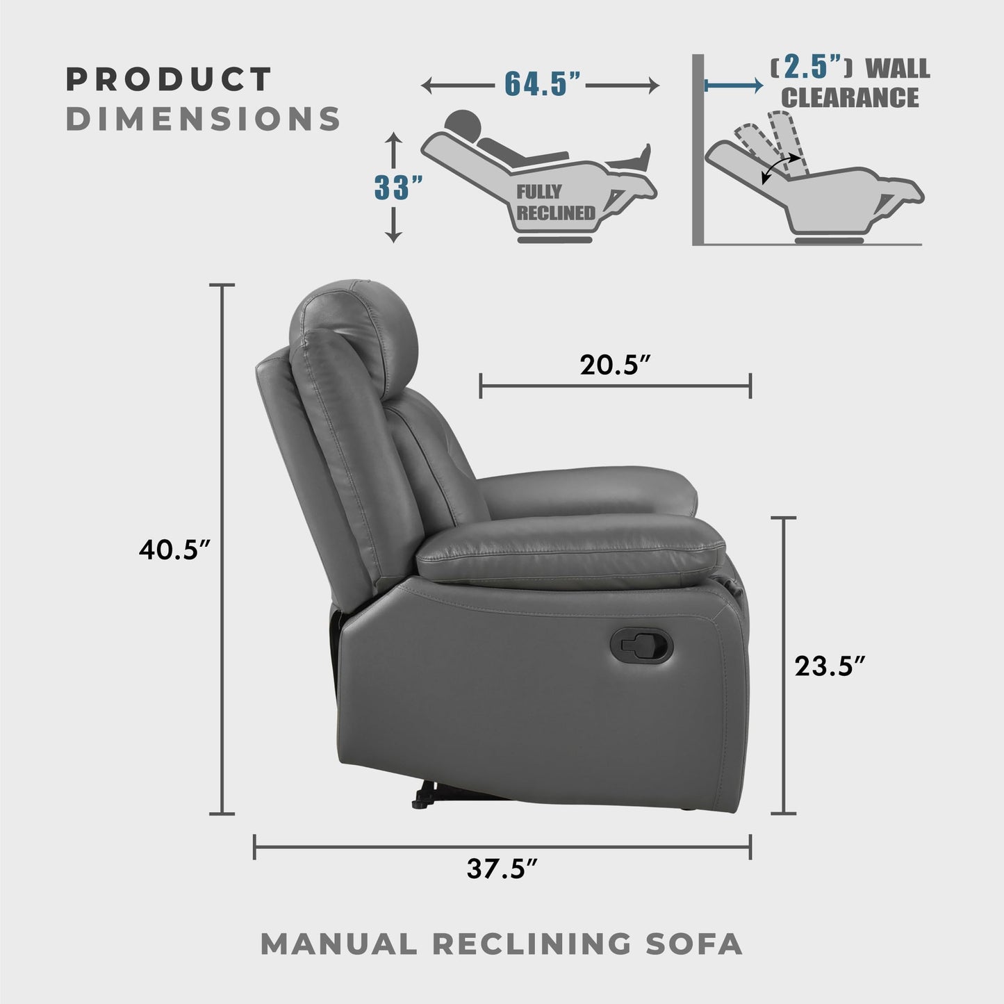 Lexicon Reclining Sofa for Living Room, Double Recliner RV Couch, Manual Wall Hugger Recliner, Home Theater Seating Leather Match Reclining Sofa with Pillow Top Armrests, 87''W Couch, Dark Grey
