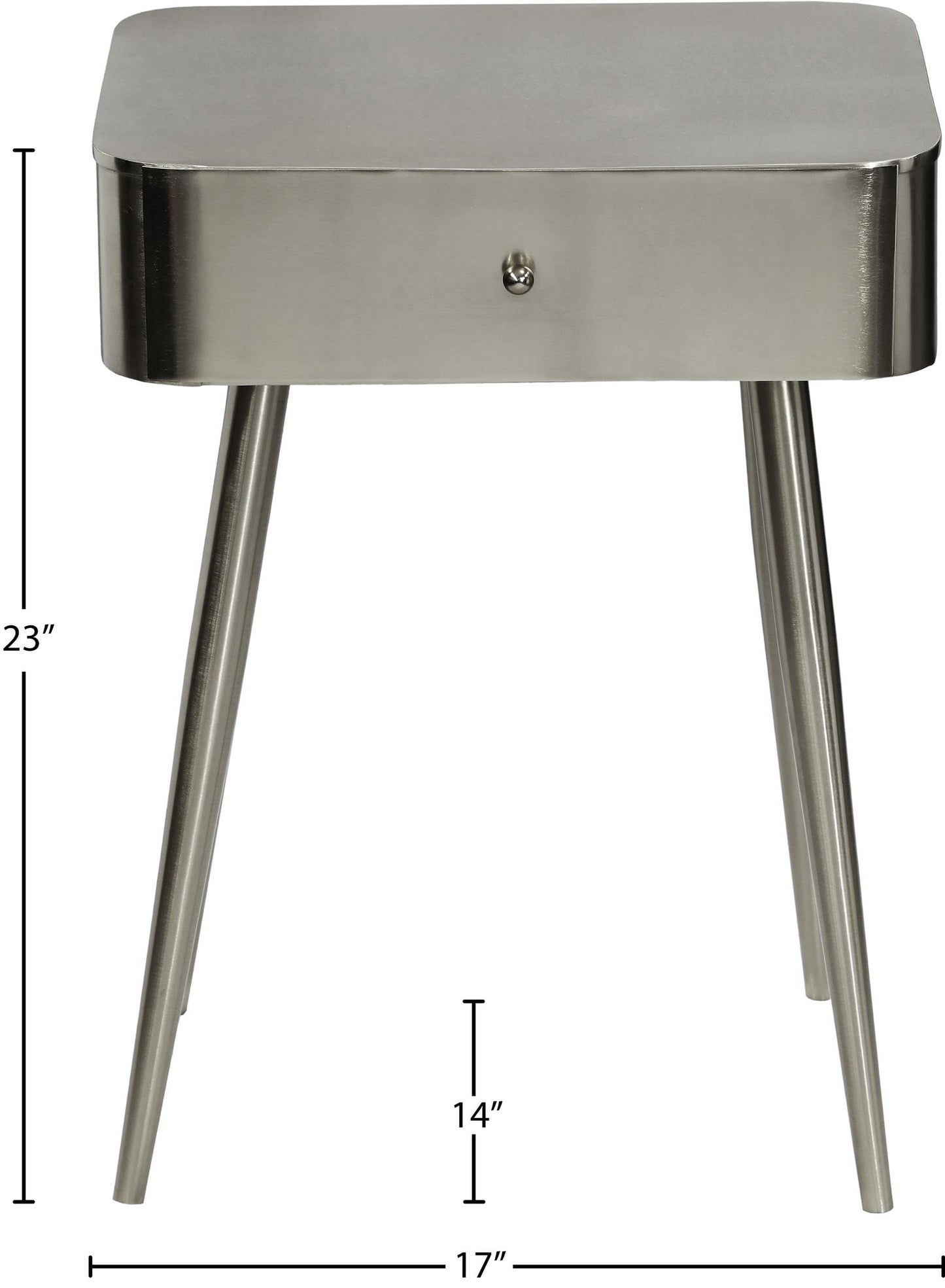 Meridian Furniture 331Silver Rylan Collection Modern | Contemporary Night Stand with Brushed Silver Metal Nightstand/Side Table, 1 Storage Drawer, 17" W x 14" D x 23" H, Silver