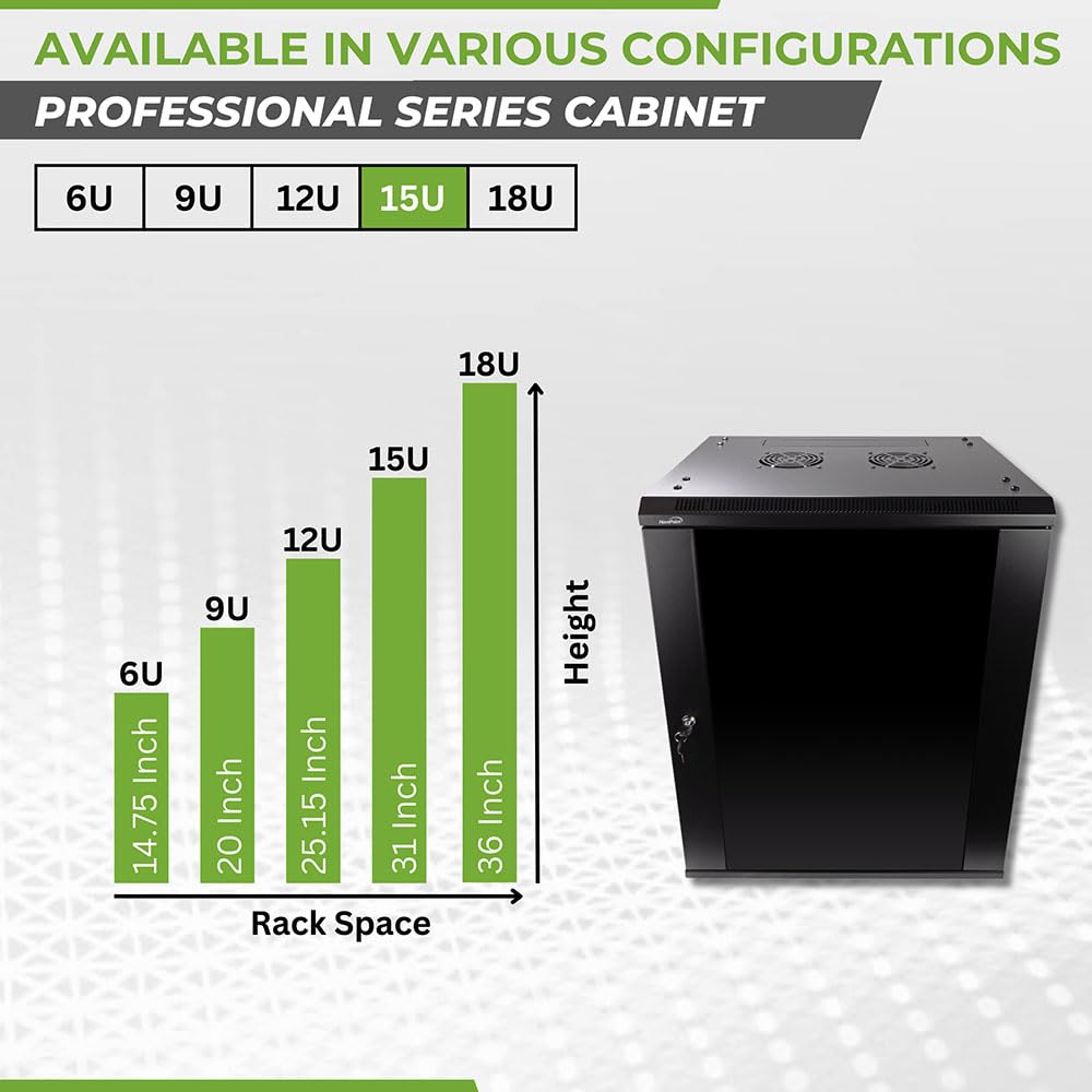 NavePoint 15U Server Rack Enclosure - 17.7” Deep, Wall Mount Network Cabinet with Locking Glass Door for 19” IT Equipment, Network Rack with 2 Fans, Removable Side Panels, Black