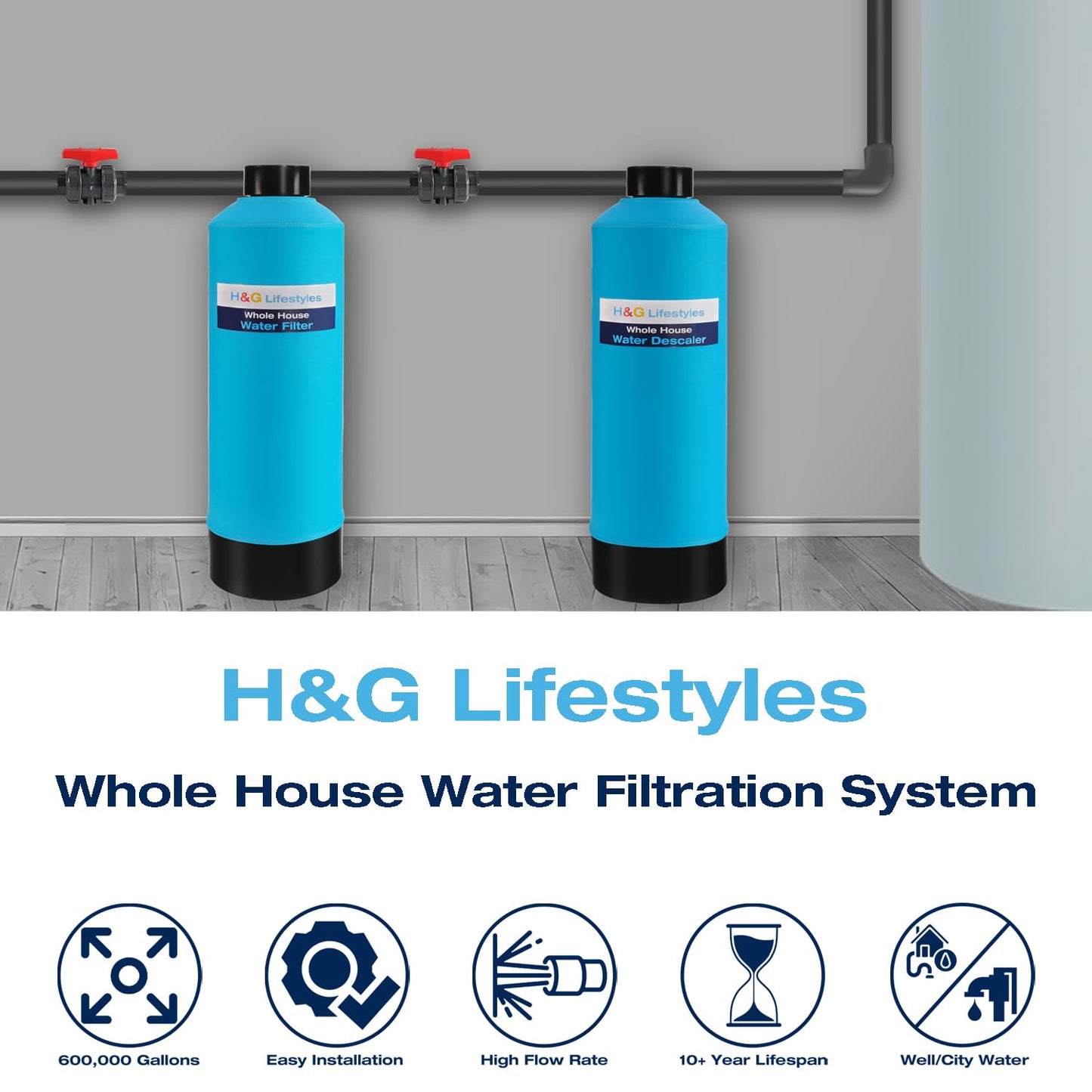 H&G Lifestyles Whole House Water Descaler Saltless, NSF Certified Salt Free Water Softener Systems for Well Water & City Water, Anti Scale Buildup,Scale Inhibitor Filter,Silver-Enhanced, 700,000 Gl