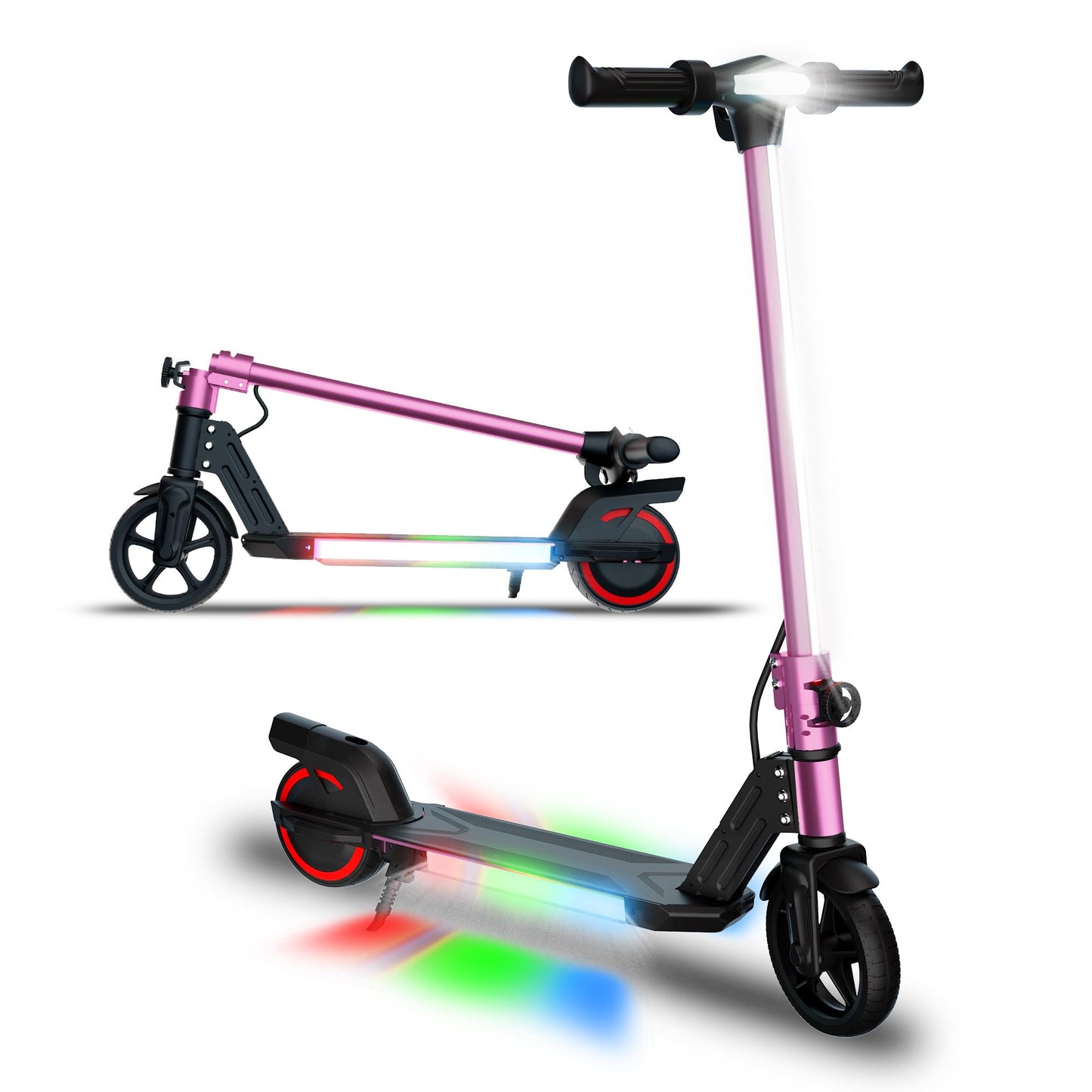 WEELMOTION Pink Foldable Electric Scooter for Kids, Bright Front Bar Lights, LED Head Lights, Shining Pedal, Big LED Display, Dual Brakes 150W Motor Kids Electric Scooter, UL2272 Certified