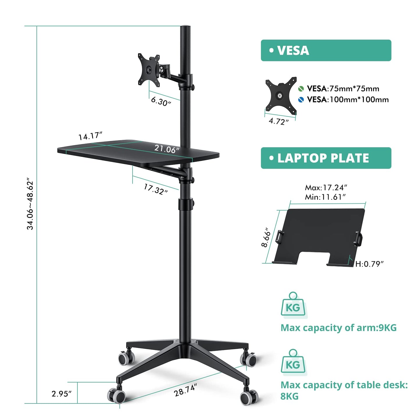 Viozon Mobile Desk,Mobile Workstation,Mulitiuse Rolling Laptop Floor Stand,34"-48.6" Height Adjustable,Compatible with 17"-27" Monitor&12"-17" Laptop,21"×14" Desk,Maxload 17.6lbs,4 Lockable Wheels B
