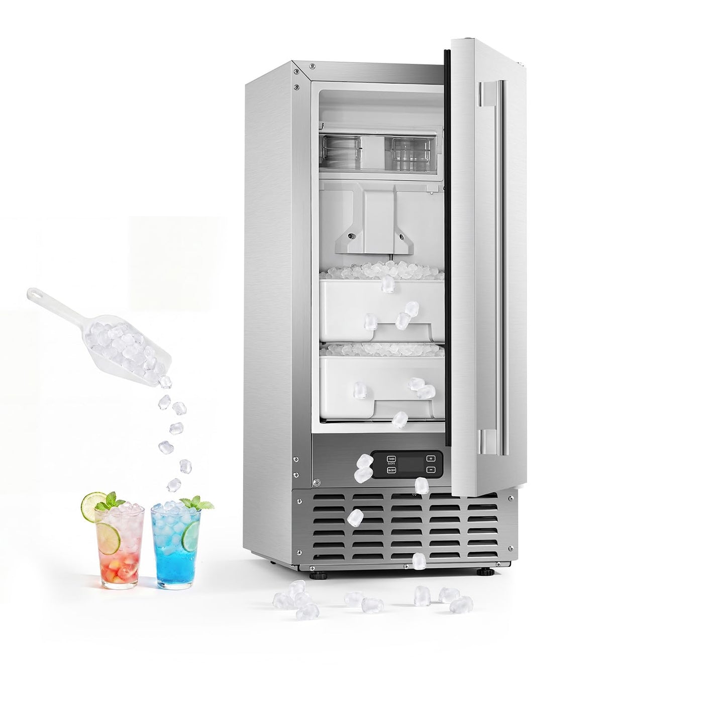 VEVOR Undercounter Built-in Ice Maker, 66 Lbs/Day Under Counter Nugget Ice Maker Machine with Reversible Door, Stainless Steel Freestanding Ice Maker for Commercial Home Kitchen, Electric Drainage