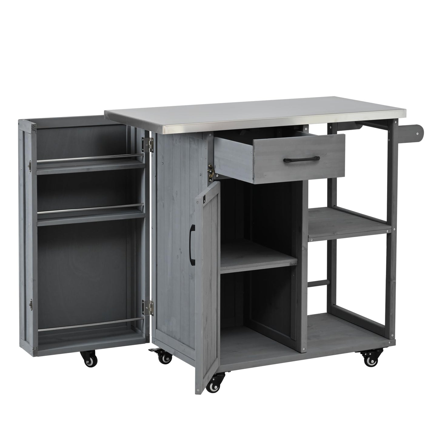 Outdoor Kitchen Island Cart with Stainless Steel Top, Rolling Grill Table with Storage Cabinet Drawer Shelves and Towel Rack, Wooden BBQ Prep Station with Lockable Wheels for Patio Backyard, Grey