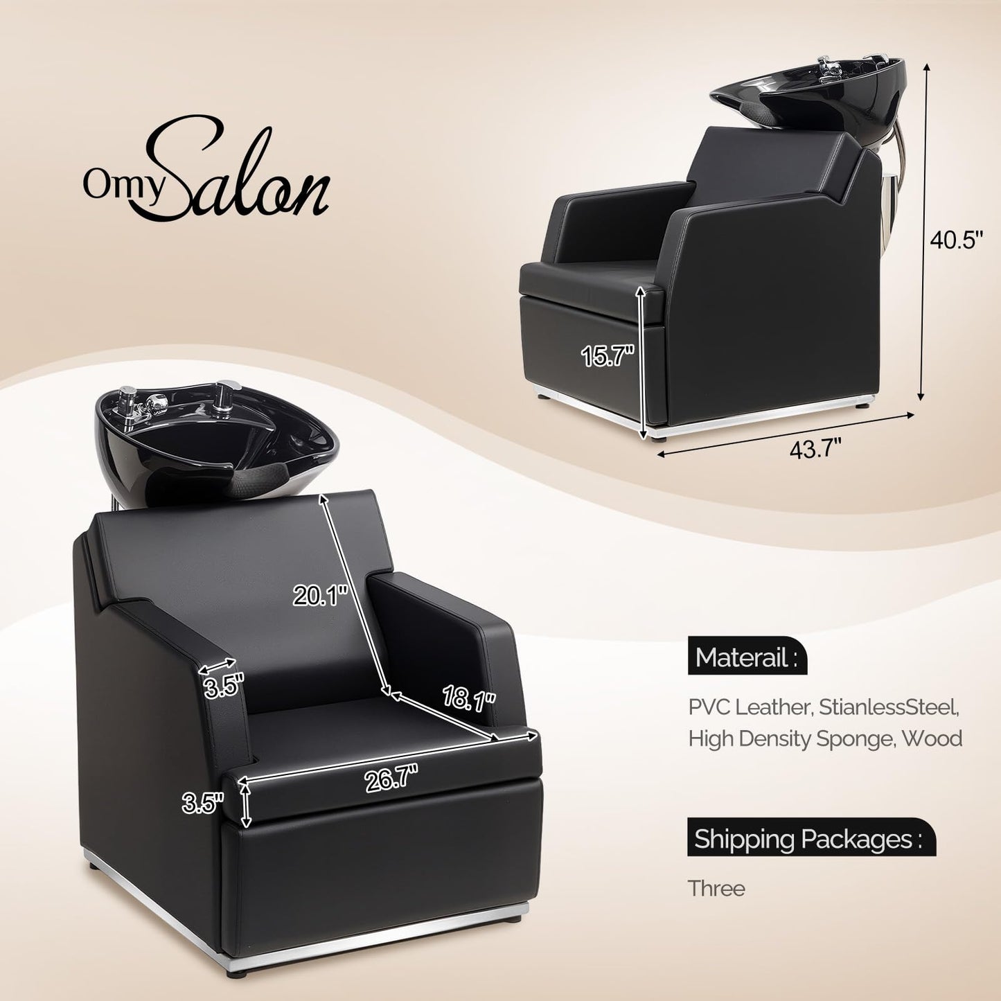 OmySalon Shampoo Bowls for Salon, Black Shampoo Chair with Tilting Porcelain Sink, Hair Washing Station Backwash Barber Chair, Shampoo Unit for Beauty Spa Barbershop