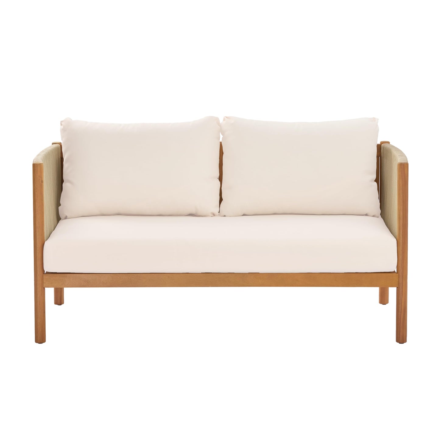 Christopher Knight Home Mayeq 4-Piece Acacia Wood Patio Furniture Set, Outdoor Conversation Sofa Set with Club Chair and Coffee Table, Patio Sectional Chat Set for Backyard Balcony, Teak+Cream