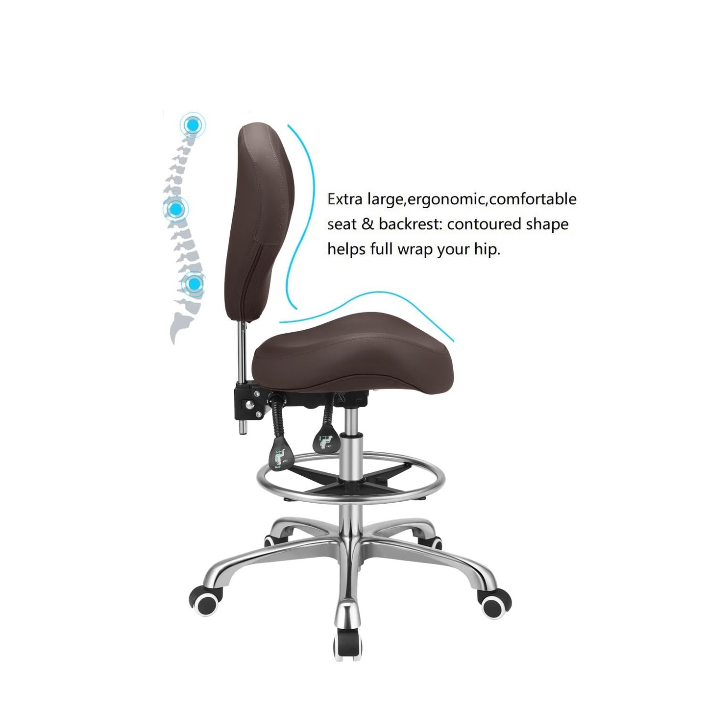 Kaleurrier Adjustable Stools Drafting Chair with Backrest & Foot Rest,Tilt Back,Swivel Seat,Rolling Wheels,for Studio,Dental,Office,Salon and Counter,Armless Tall Home Desk Chairs (Brown)